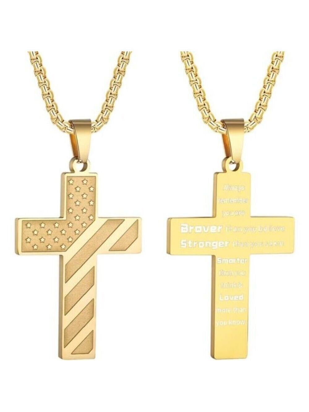Gold American Flag Cross Necklace for Men Stainless Steel Box Chain 22+2 inch NW